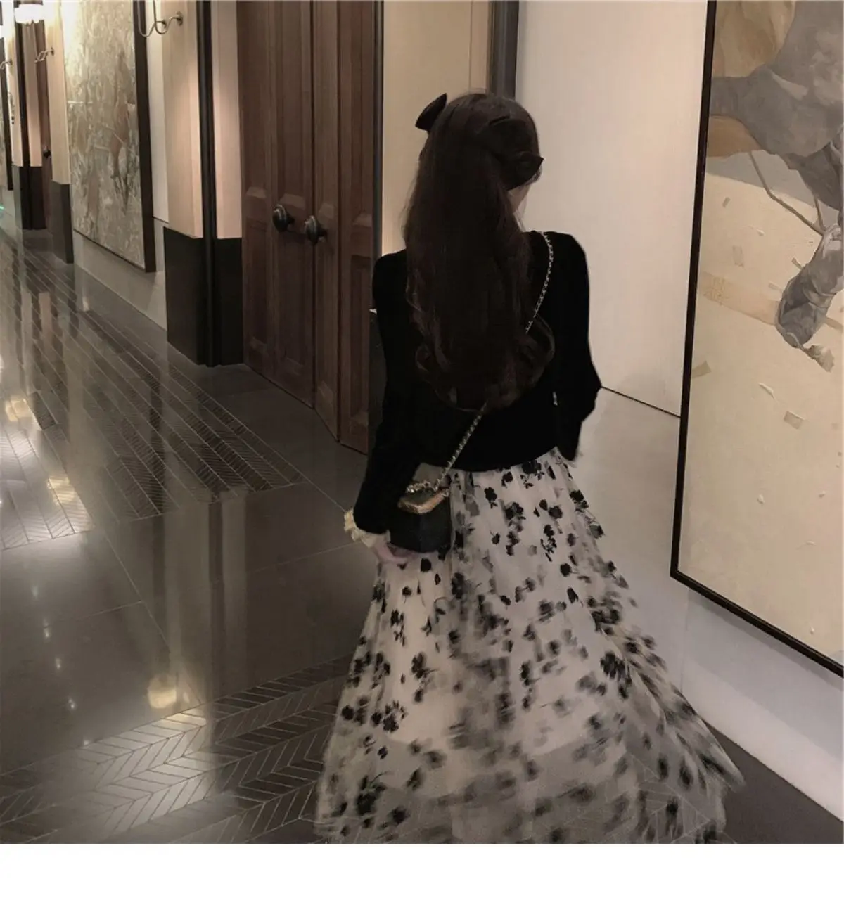 Women Velvet Black Square Neck Shirt with Floral Skirt Set — feature 10