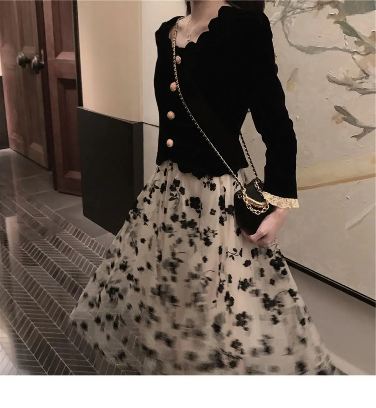 Women Velvet Black Square Neck Shirt with Floral Skirt Set — feature 12