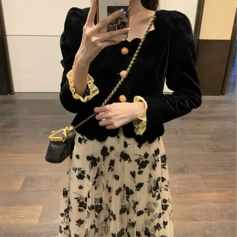 Women Velvet Black Square Neck Shirt with Floral Skirt Set — feature 5