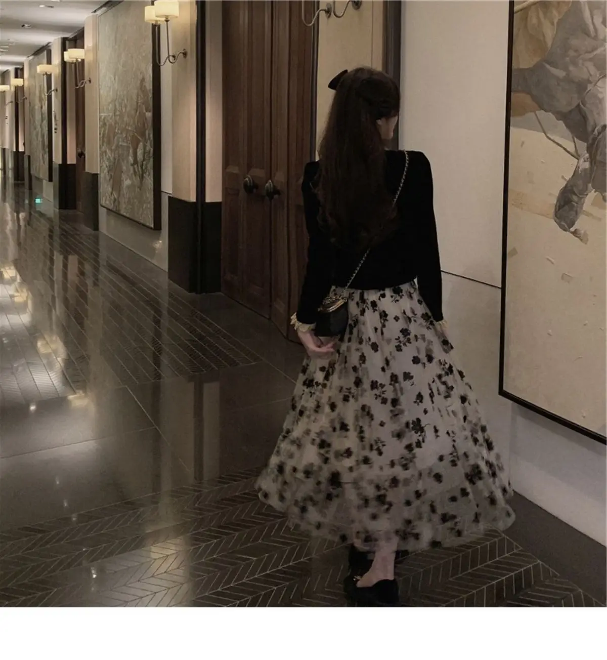 Women Velvet Black Square Neck Shirt with Floral Skirt Set — feature 7