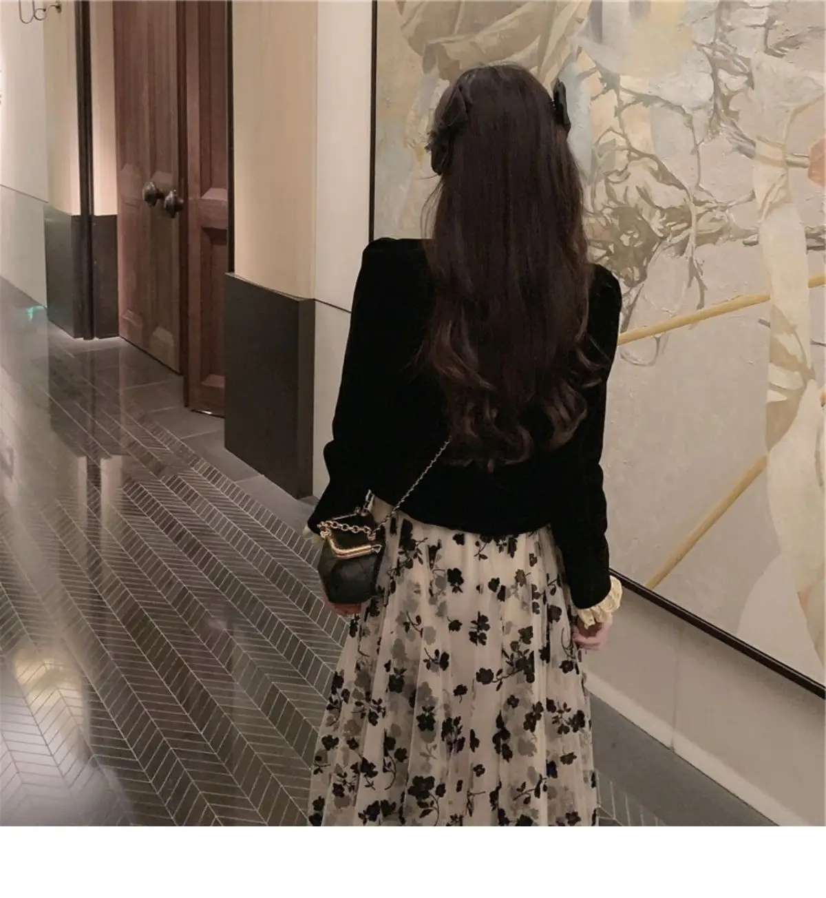 Women Velvet Black Square Neck Shirt with Floral Skirt Set — feature 8