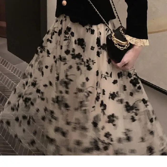 Women Velvet Black Square Neck Shirt with Floral Skirt Set