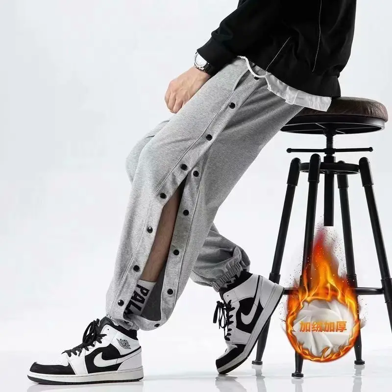 Men Fleece Lined Breasted Sweatpants Grey Full Open Button - Image 6
