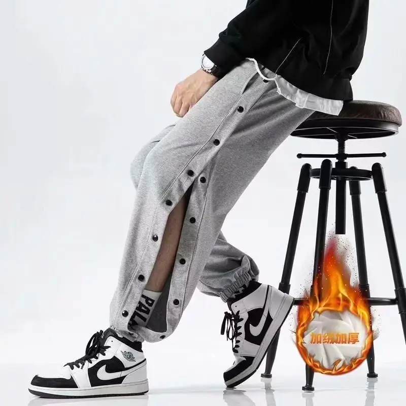 Men Fleece Lined Breasted Sweatpants Grey Full Open Button — feature 24