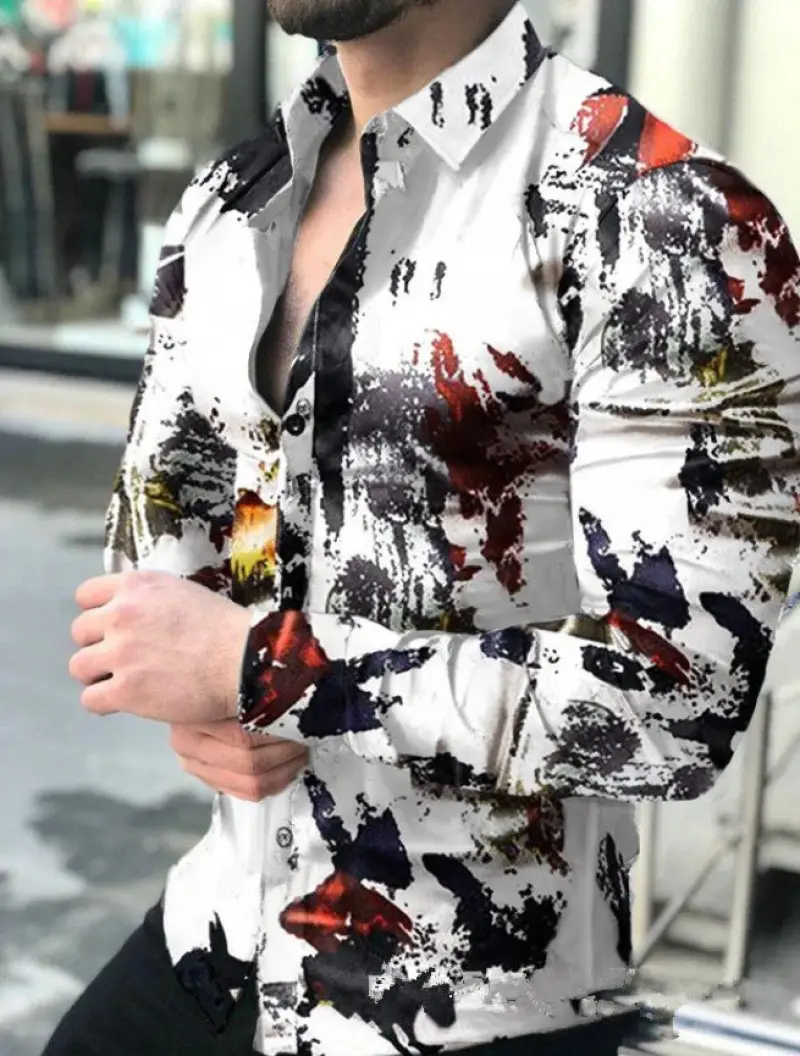 2025 Men's Printed Long Sleeve Shirt Large European Style
