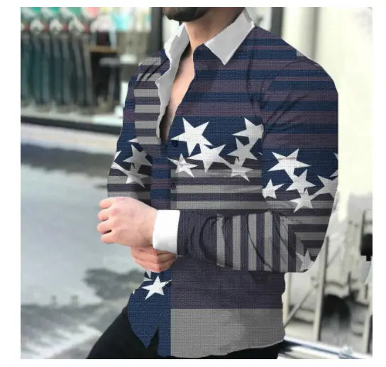 2025 Men's Printed Long Sleeve Shirt Large European Style