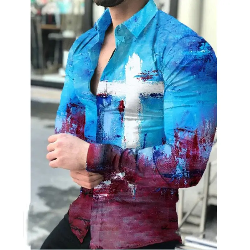 2025 Men's Printed Long Sleeve Shirt Large European Style