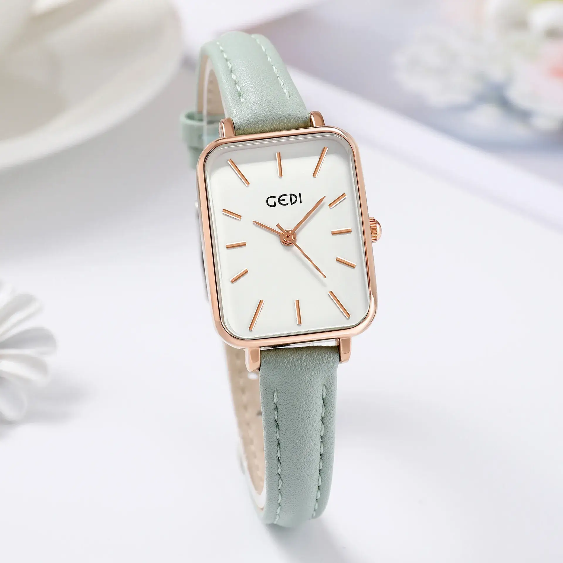 Gold Square Quartz Women's Watch with Brown Leather Belt - Image 8