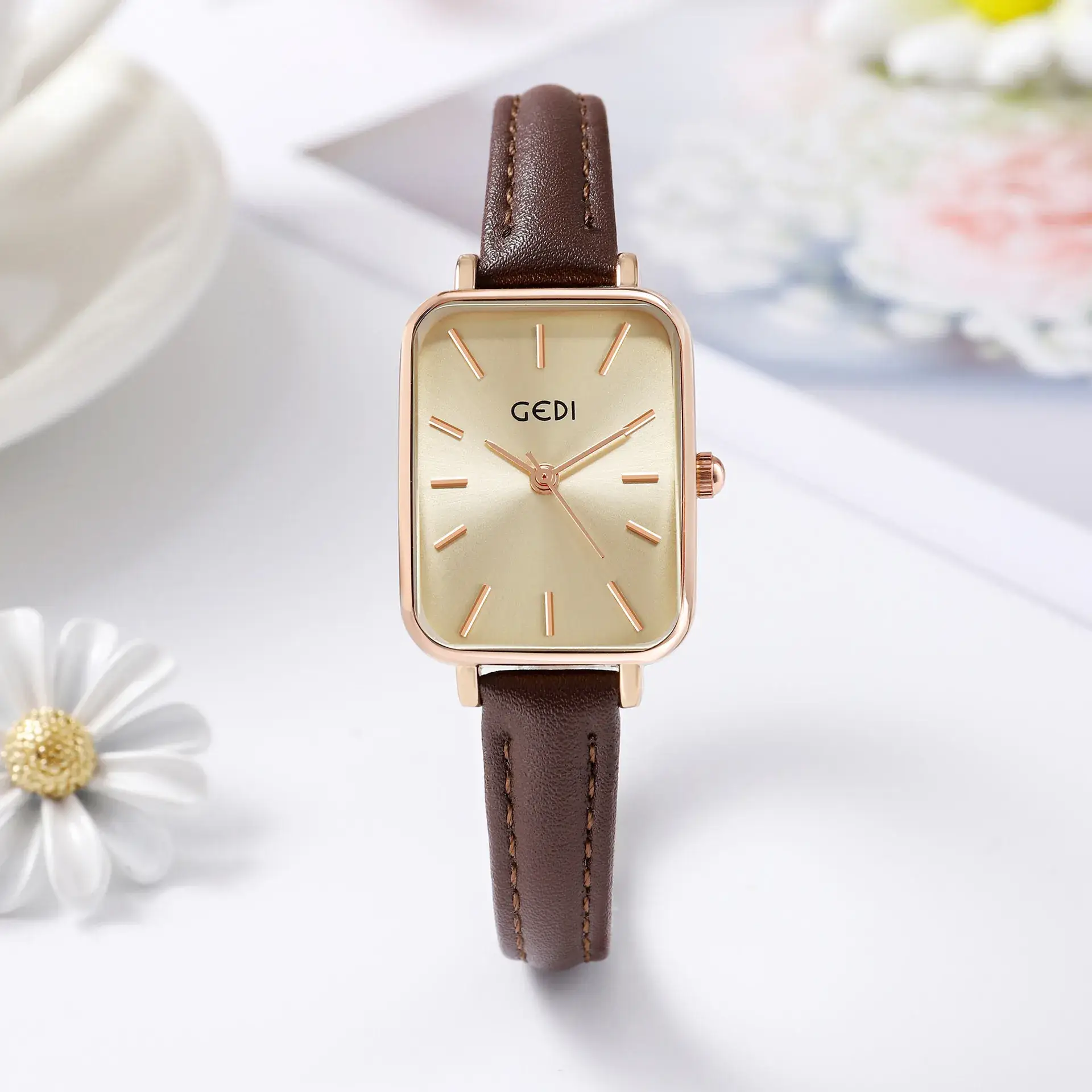 Gold Square Quartz Women's Watch with Brown Leather Belt - Image 9