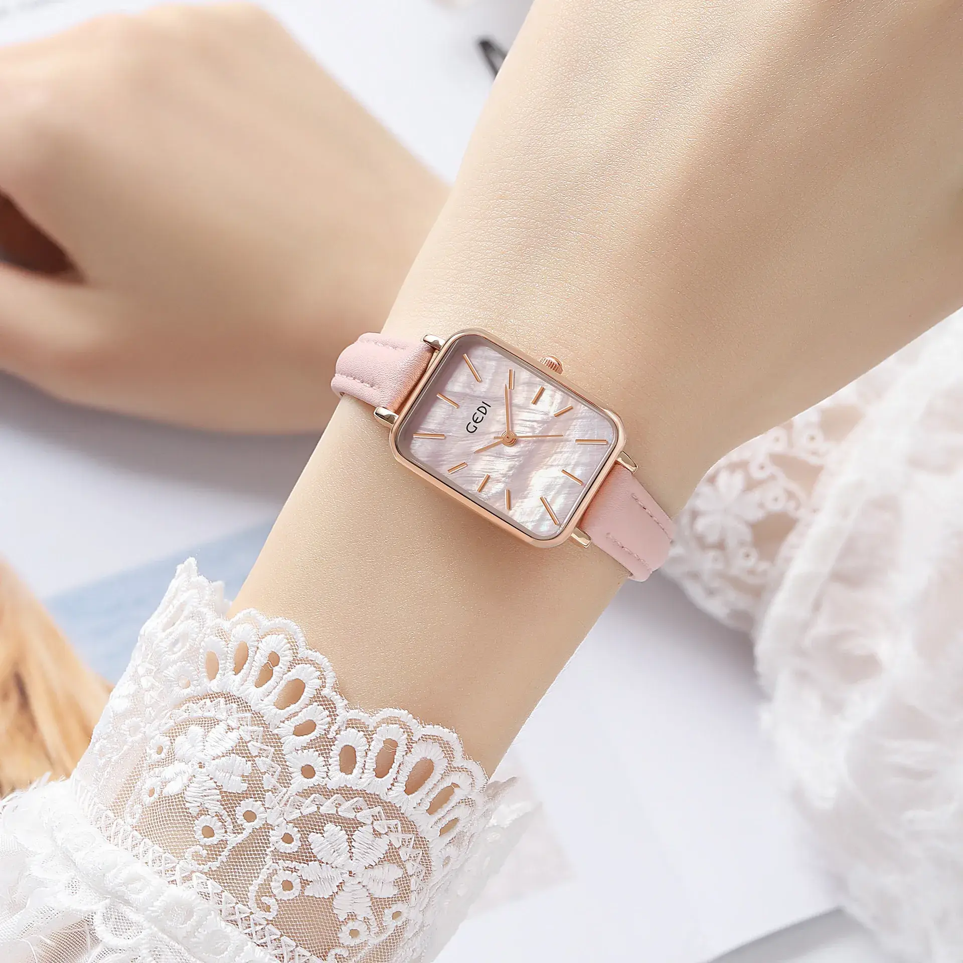 Gold Square Quartz Women's Watch with Brown Leather Belt - Image 10