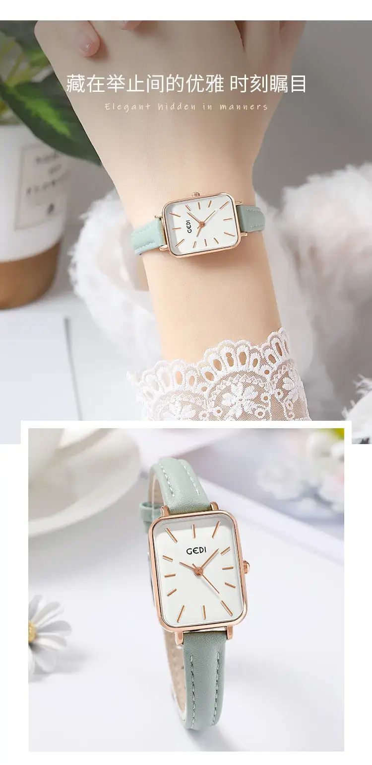 Gold Square Quartz Women's Watch with Brown Leather Belt — feature 10