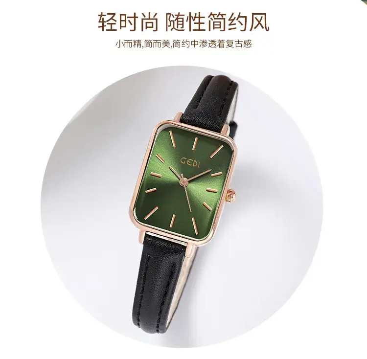 Gold Square Quartz Women's Watch with Brown Leather Belt — feature 7