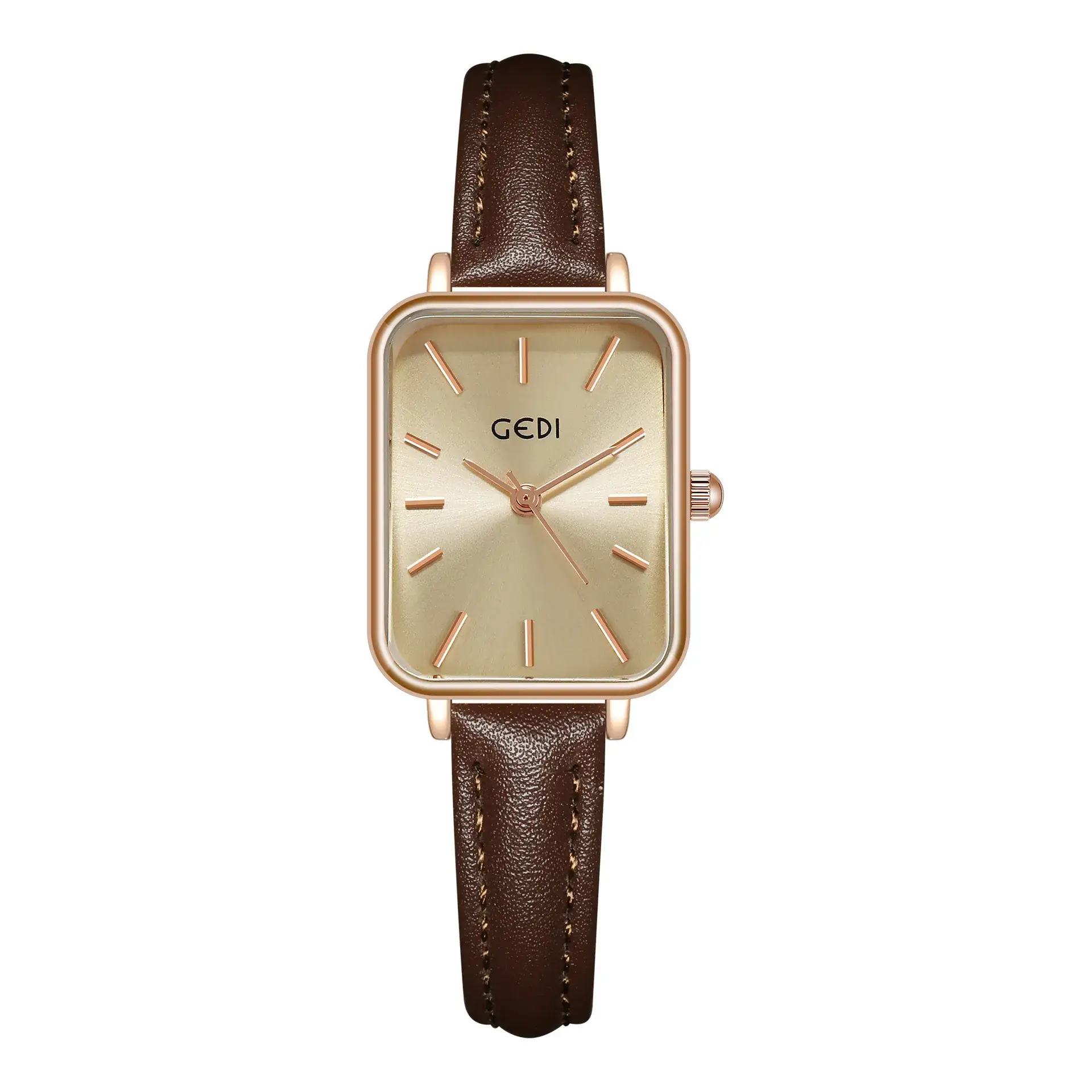 Gold Square Quartz Women's Watch with Brown Leather Belt - Image 6