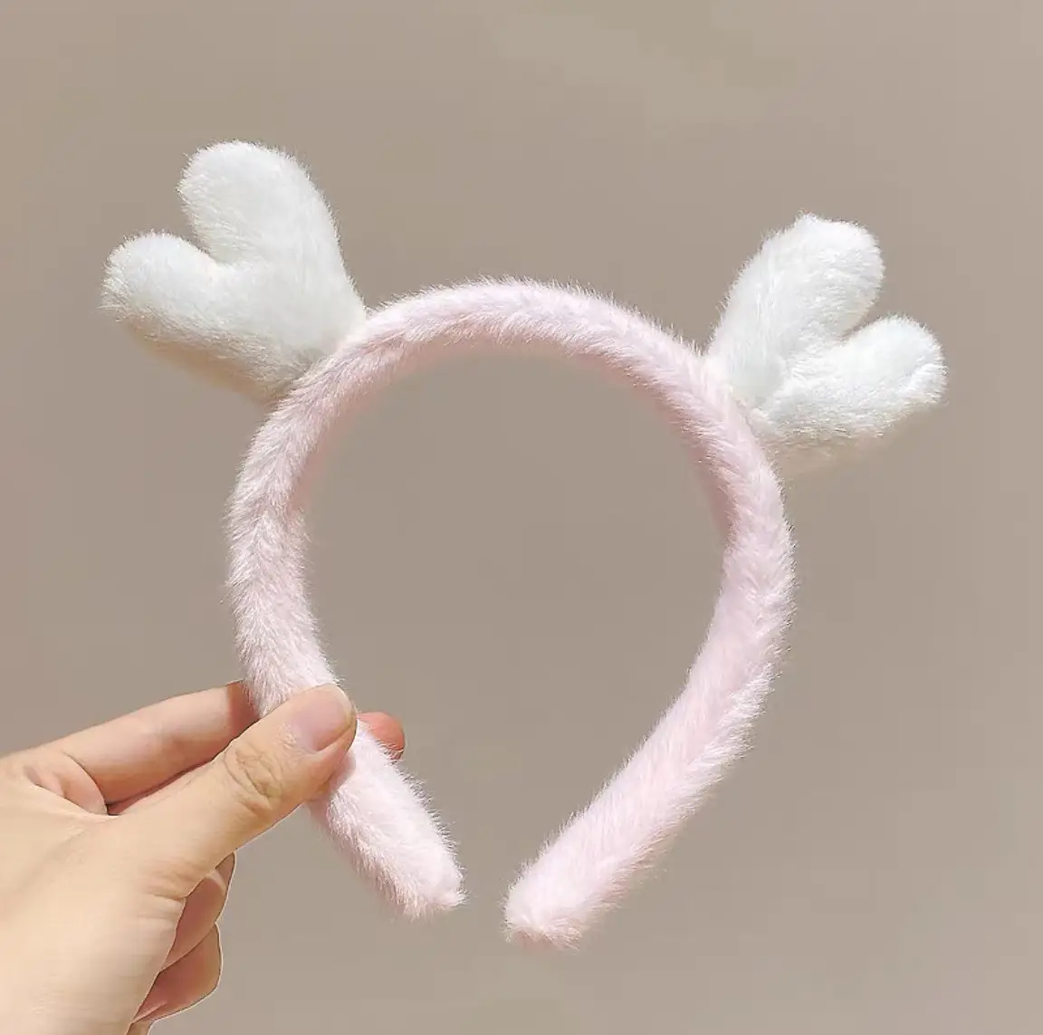 Plush Antler Hair Band for Women Pink White