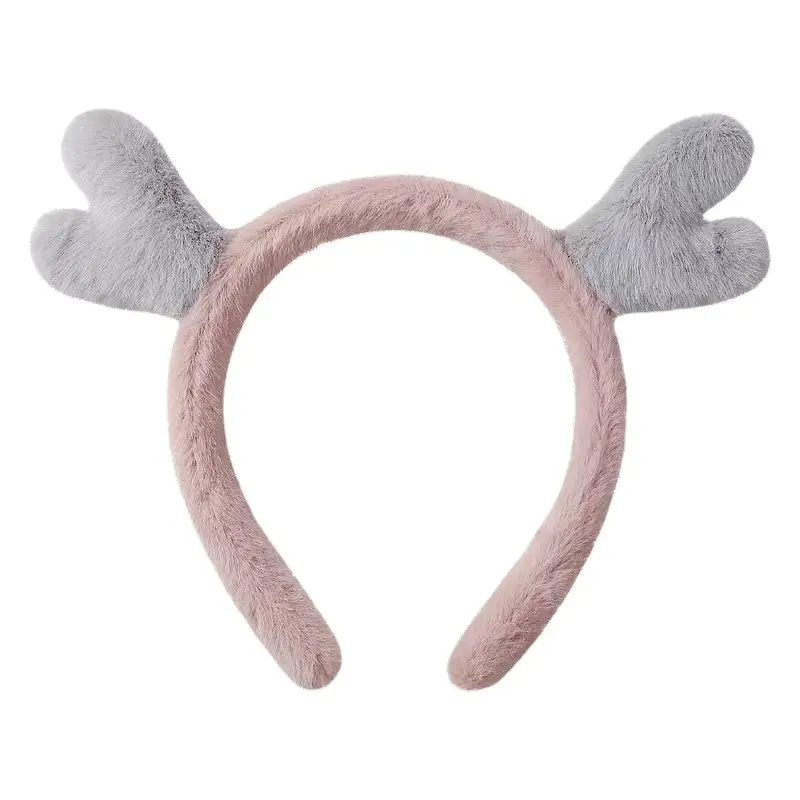 Plush Antler Hair Band for Women Pink White