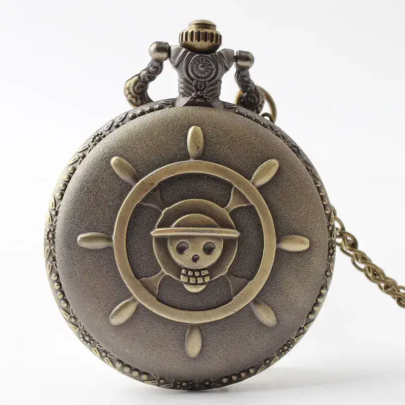 Vintage Pirate Skull Pocket Watch with Gold Chain