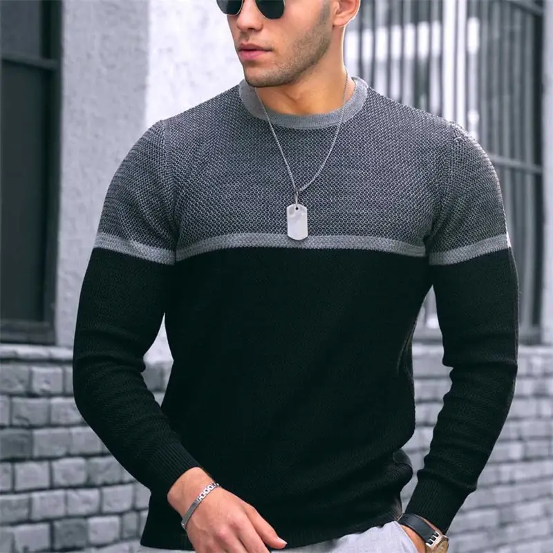 Men's Grey Black Crewneck T-Shirt Spring Autumn