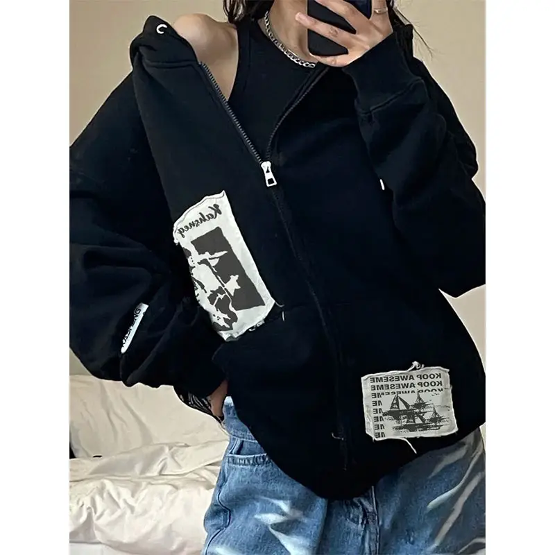 Women American Style Hooded Oversize Coat Black - Image 9