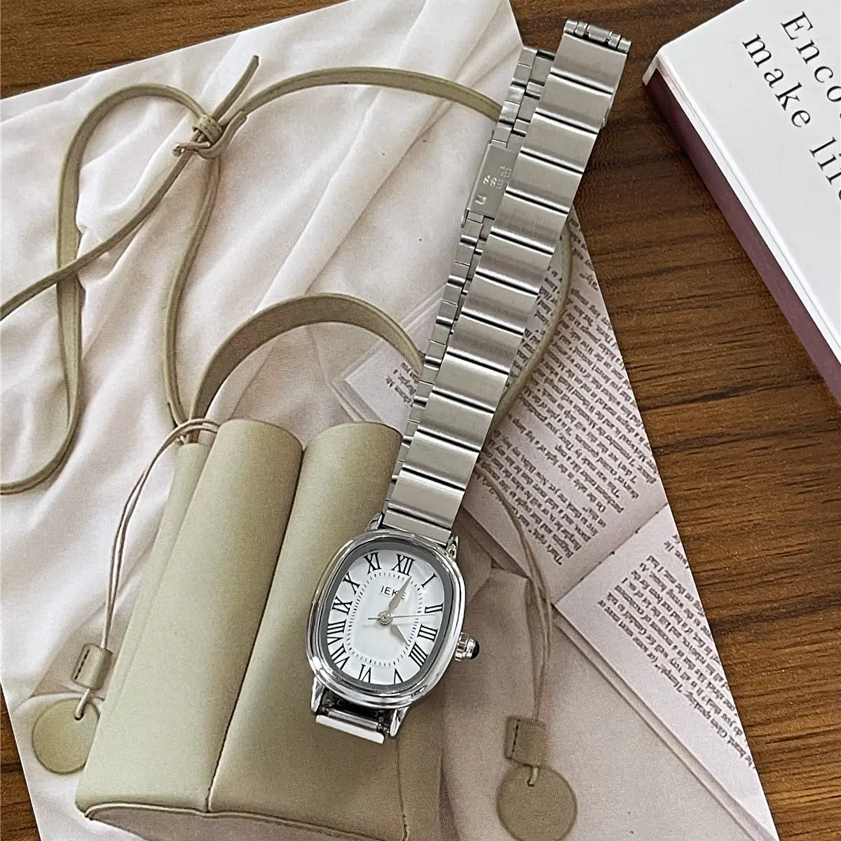 Women's Stainless Steel Quartz Watch with Elegant Light Beige Dial