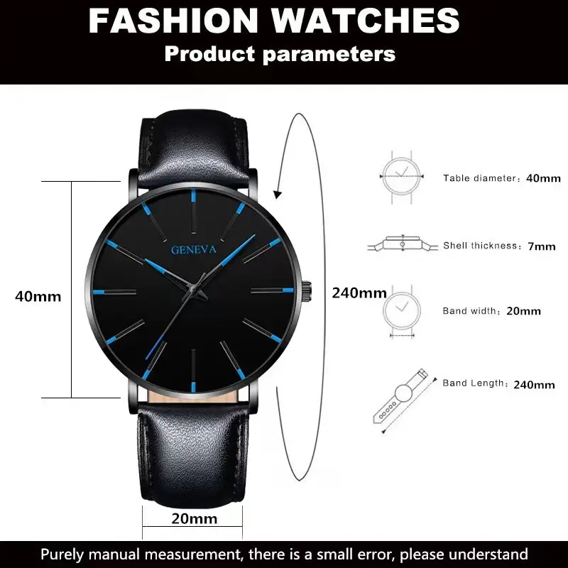 Men's Black Quartz Watch with Leather Strap — feature 2