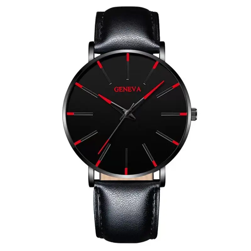 Men's Black Quartz Watch with Leather Strap — feature 3