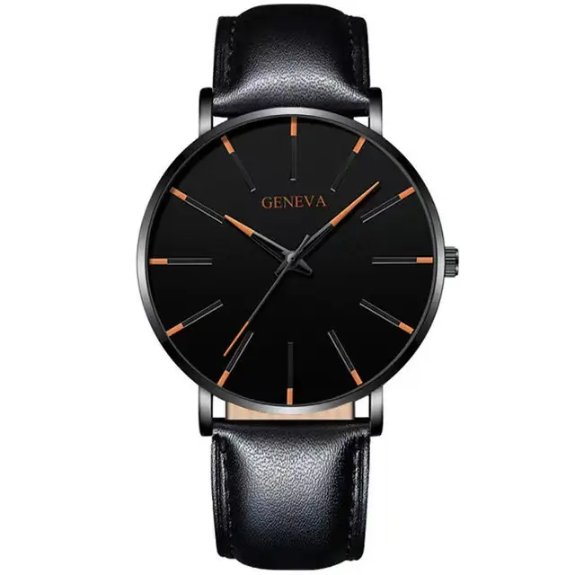 Men's Black Quartz Watch with Leather Strap — feature 5