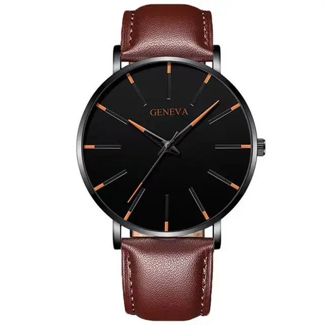 Men's Black Quartz Watch with Leather Strap — feature 8
