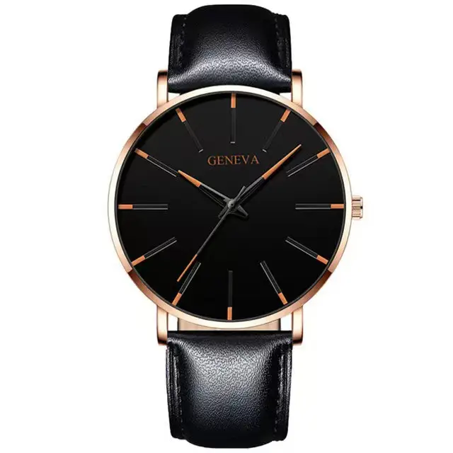 Men's Black Quartz Watch with Leather Strap — feature 9