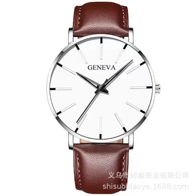Men's Black Quartz Watch with Leather Strap - Image 2