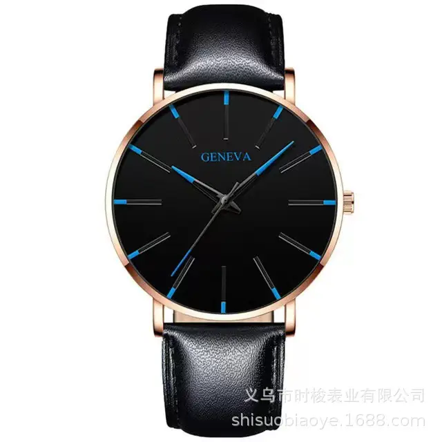 Men's Black Quartz Watch with Leather Strap - Image 3