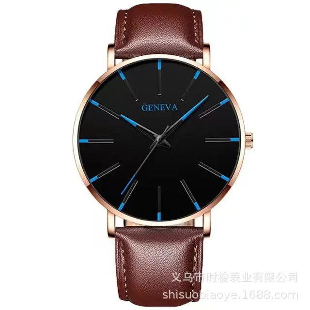 Men's Black Quartz Watch with Leather Strap - Image 4