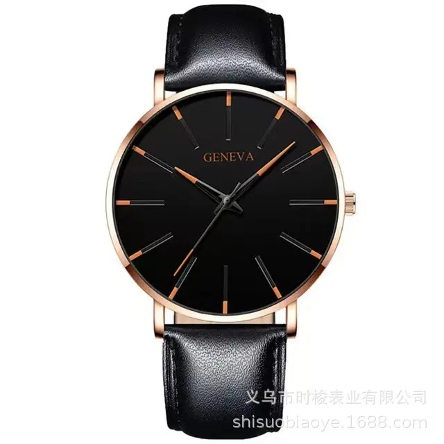 Men's Black Quartz Watch with Leather Strap - Image 5
