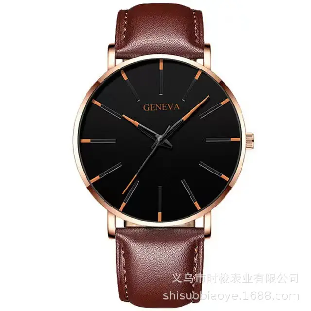 Men's Black Quartz Watch with Leather Strap - Image 6