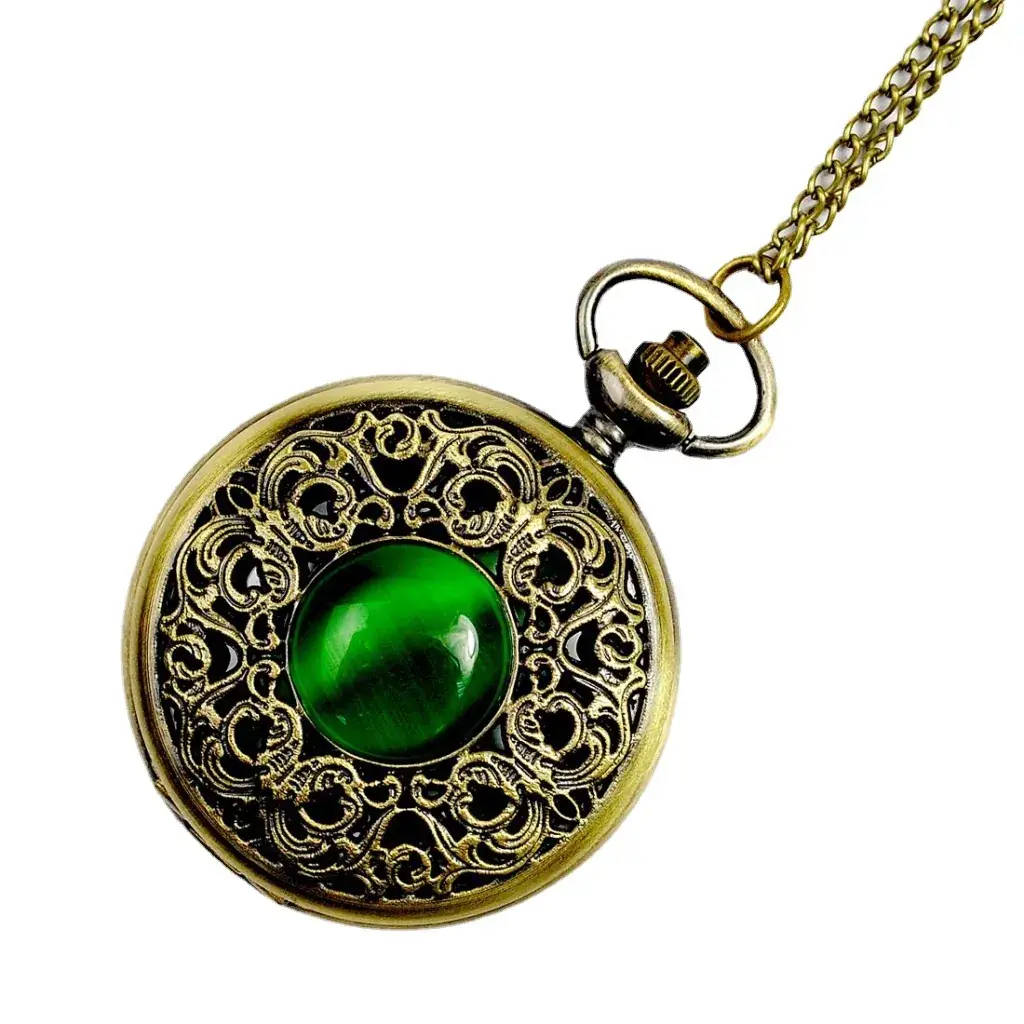 Vintage Cross Mirror Pocket Watch with Gem Green Cat's Eye - Image 2