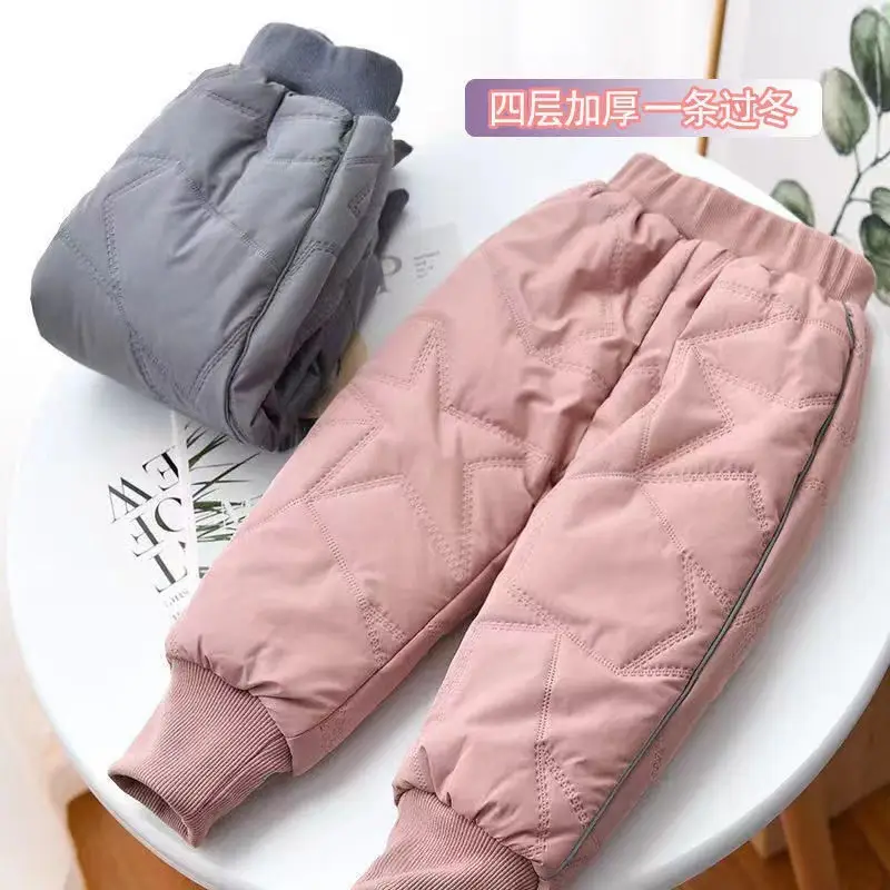 Winter Fleece Lined Kids Cotton Pants Pink Grey - Image 5