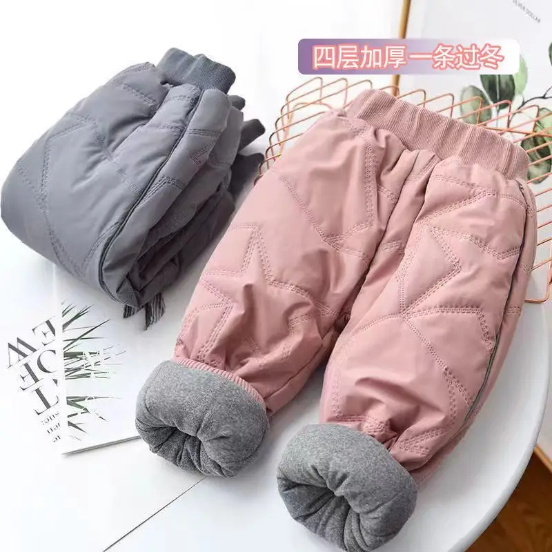 Winter Fleece Lined Kids Cotton Pants Pink Grey - Image 7