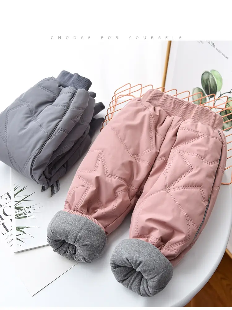 Winter Fleece Lined Kids Cotton Pants Pink Grey — feature 3