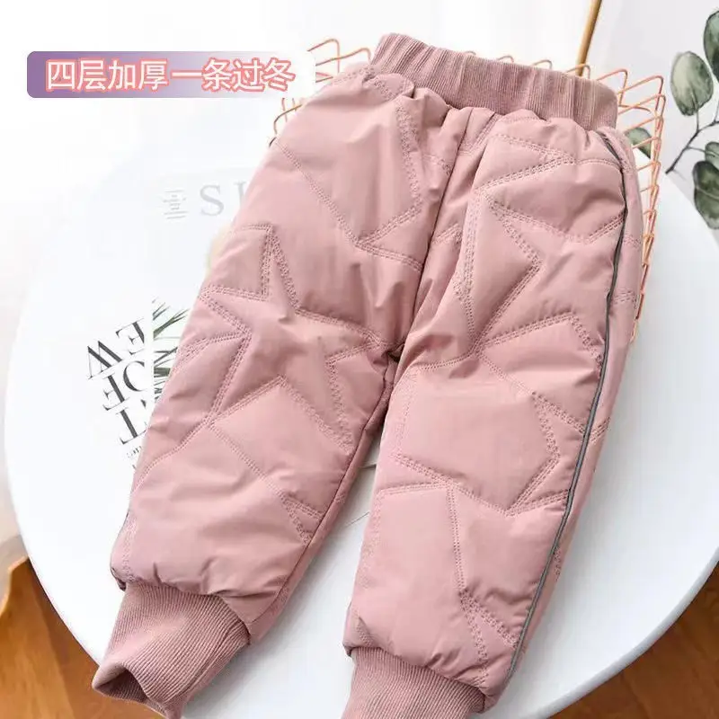 Winter Fleece Lined Kids Cotton Pants Pink Grey - Image 3