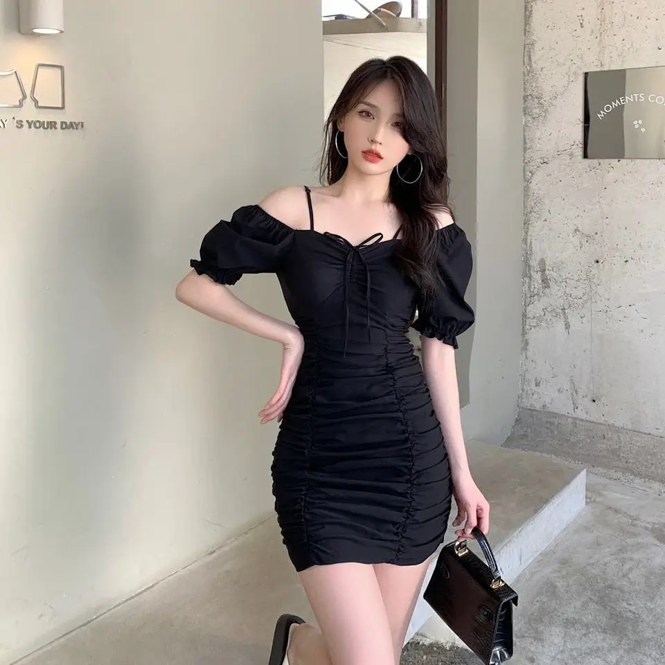 Black Pleated French Style Dress for Women