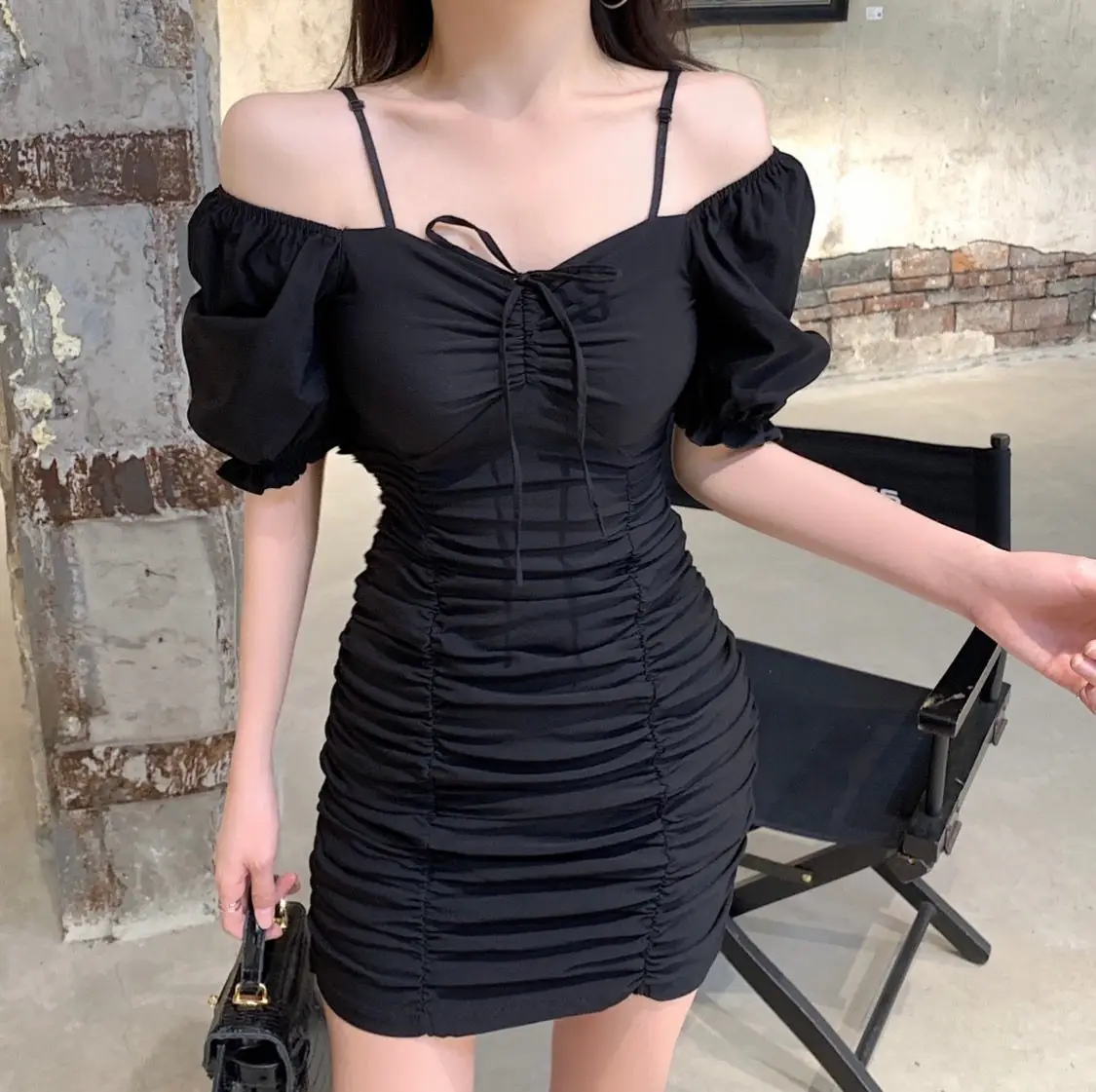 Black Pleated French Style Dress for Women
