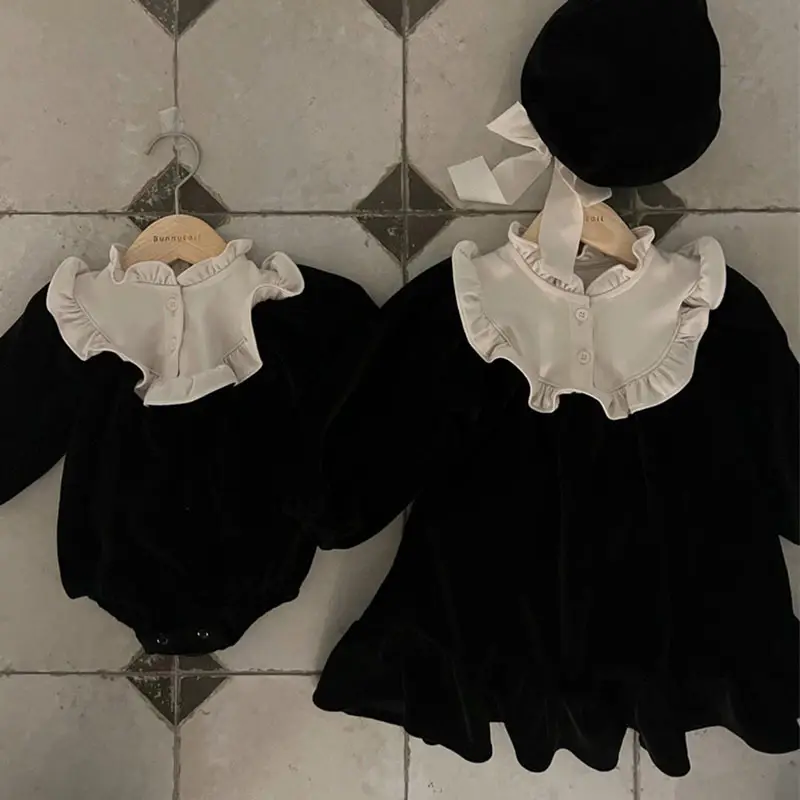 Black Korean Style Baby Girl's Fleece Outfit with Ruffled Top — feature 3