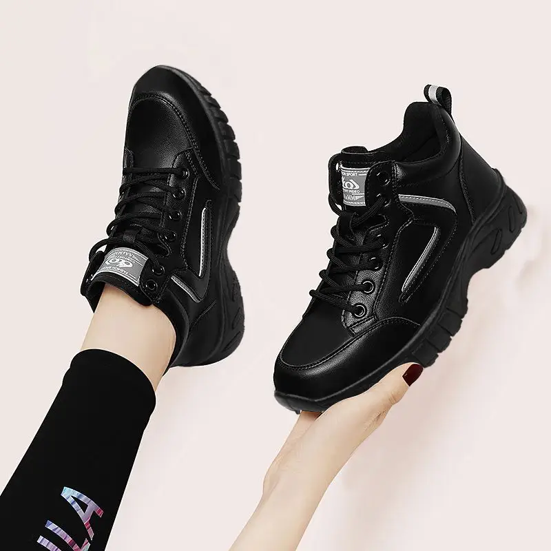 Soft-Soled Sneakers for Women 2025 Autumn and Winter New Black Thick-Soled Fleece-Lined Ins Dad Soft Leather Casual Leather Shoes - Image 4