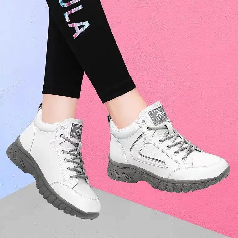 Soft-Soled Sneakers for Women 2025 Autumn and Winter New Black Thick-Soled Fleece-Lined Ins Dad Soft Leather Casual Leather Shoes - Image 6