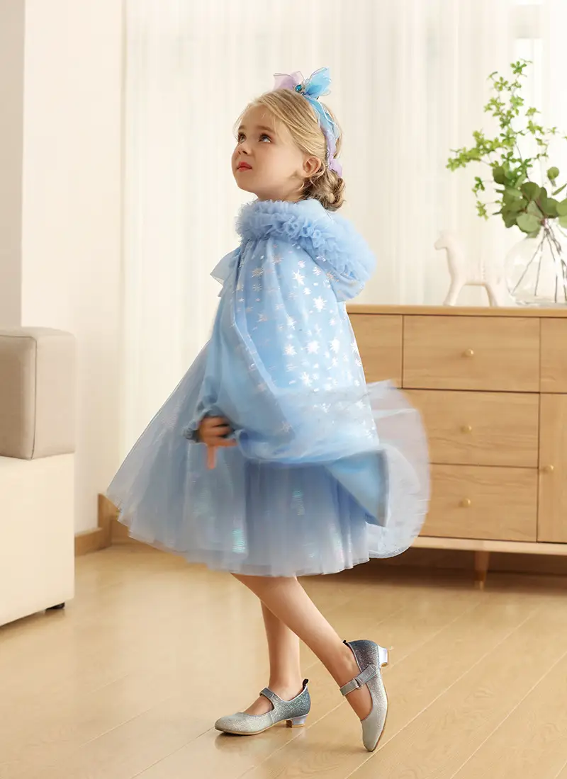 Girls' Blue Starry Cape Cloak Windproof Winter Dress — feature 11