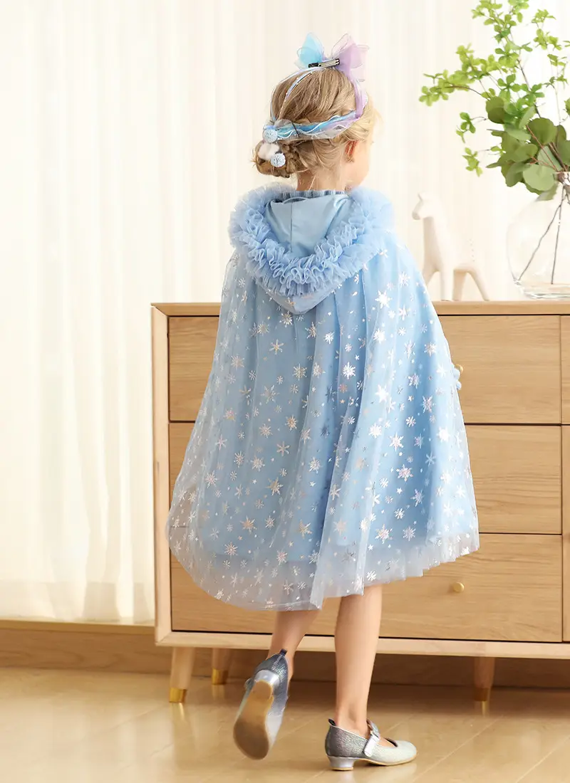 Girls' Blue Starry Cape Cloak Windproof Winter Dress — feature 12