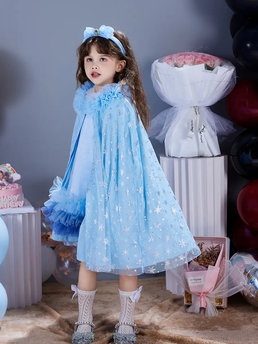 Girls' Blue Starry Cape Cloak Windproof Winter Dress — feature 17