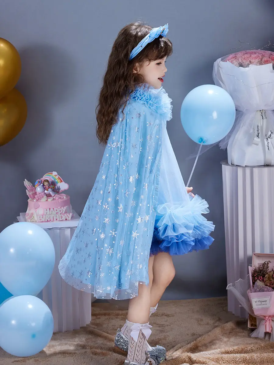 Girls' Blue Starry Cape Cloak Windproof Winter Dress — feature 18
