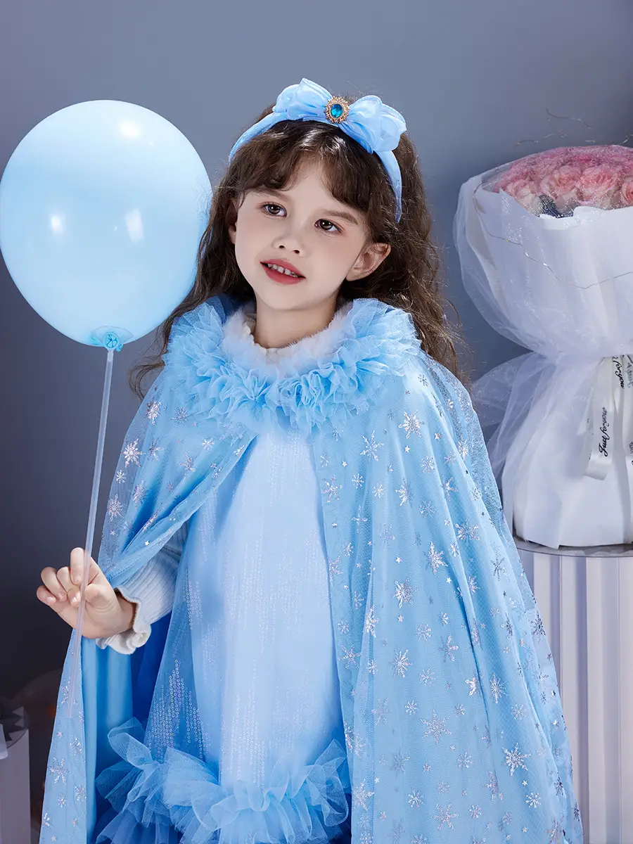 Girls' Blue Starry Cape Cloak Windproof Winter Dress — feature 20