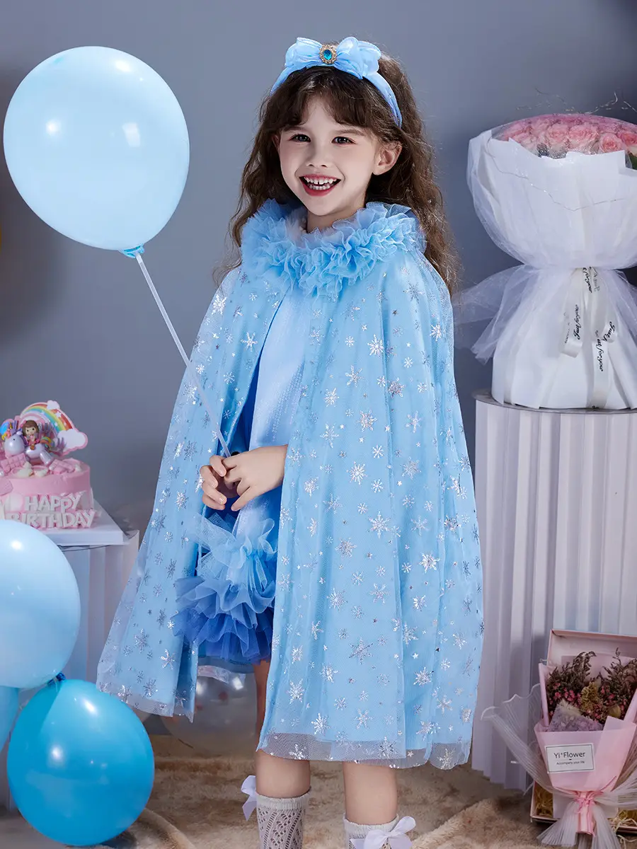 Girls' Blue Starry Cape Cloak Windproof Winter Dress — feature 21