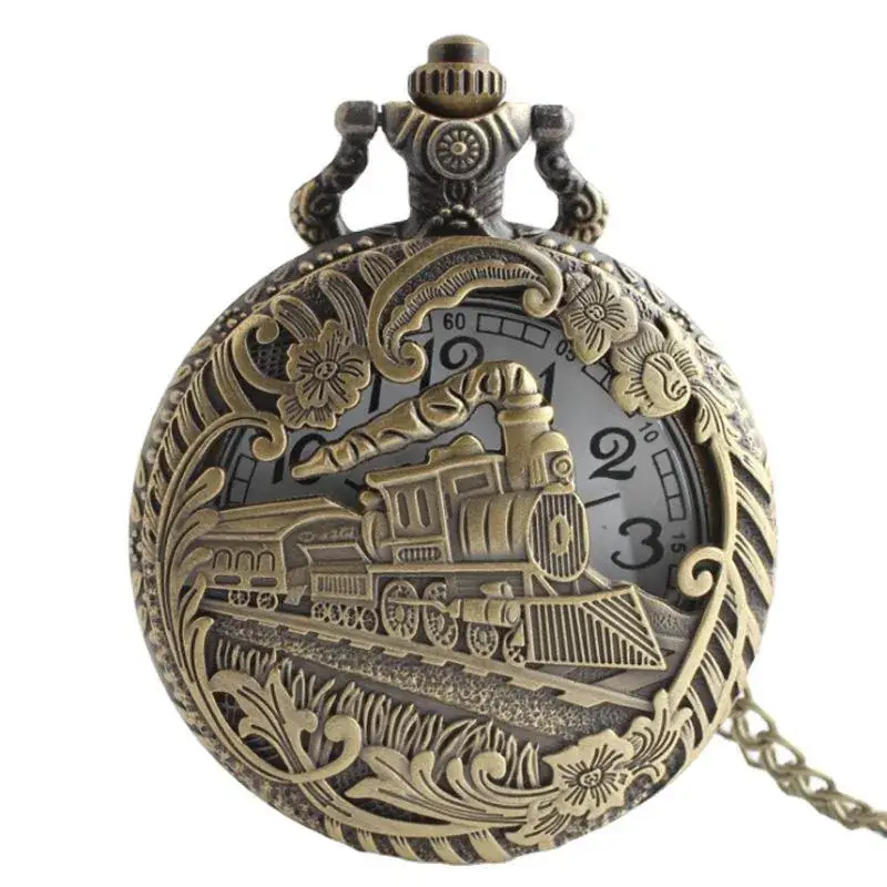 Gold Locomotive Pocket Watch with Chain Strap